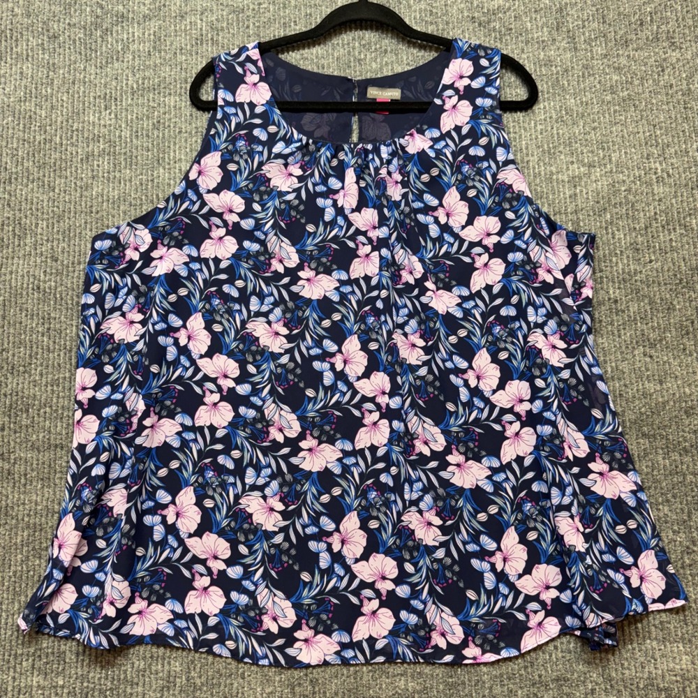 Vince Camuto Womens 3X Floral Sleeveless Chiffon Blouse Navy Pink Pleated Top